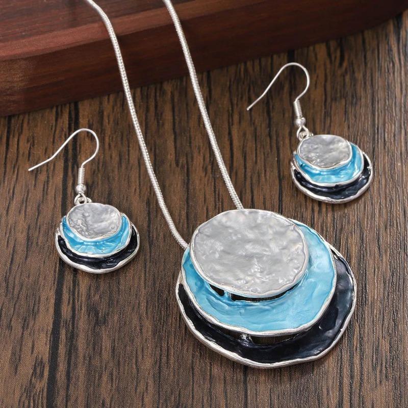 2Pcs/set Multilayer Pendant Jewelry Vintage Boho Jewelry Set Zinc Alloy Enamel Multilayer Round Pendant Necklace and Earrings Elegant Fashion