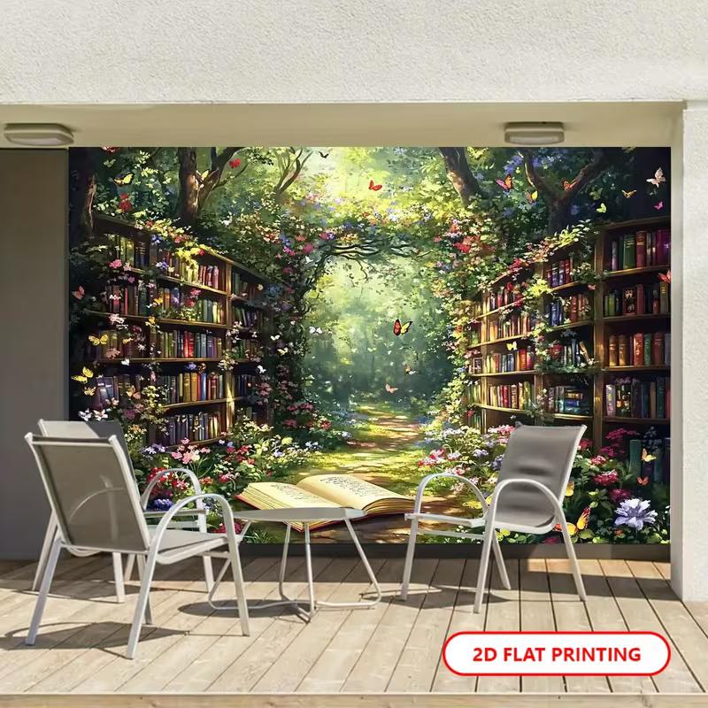 2D Enchanted Book Forest Wall Tapestry, Fairy Tale Library Scene Backdrop for Living Room