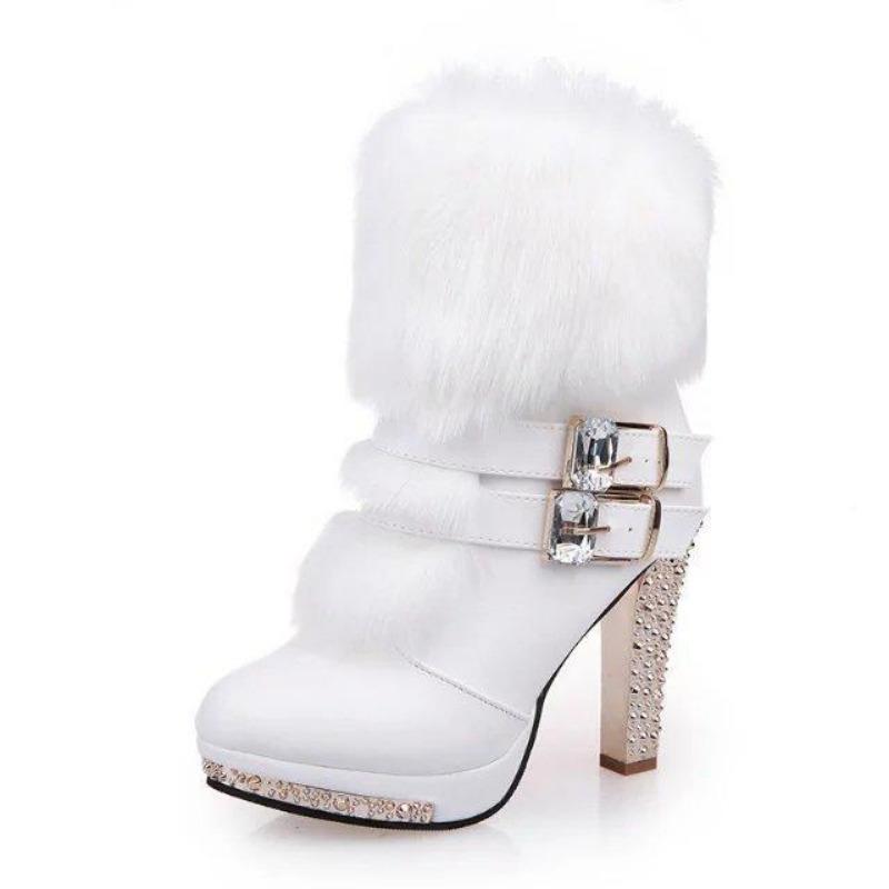Fur Women Boots Female Thick with High Heel Fur Rhinestone Women's Boots Snow Boots Lady High Heels