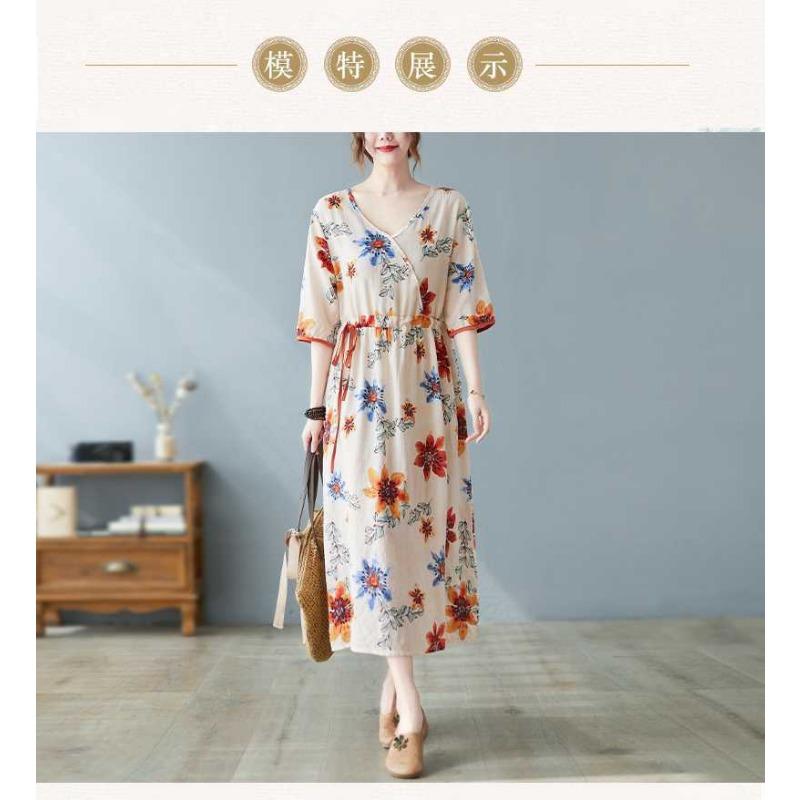 Nowe luźne plus size drukowane sznurki do wiązania w pasie etniczny styl dekolt w serek rękaw pięciominutowy literackie długie sukienki