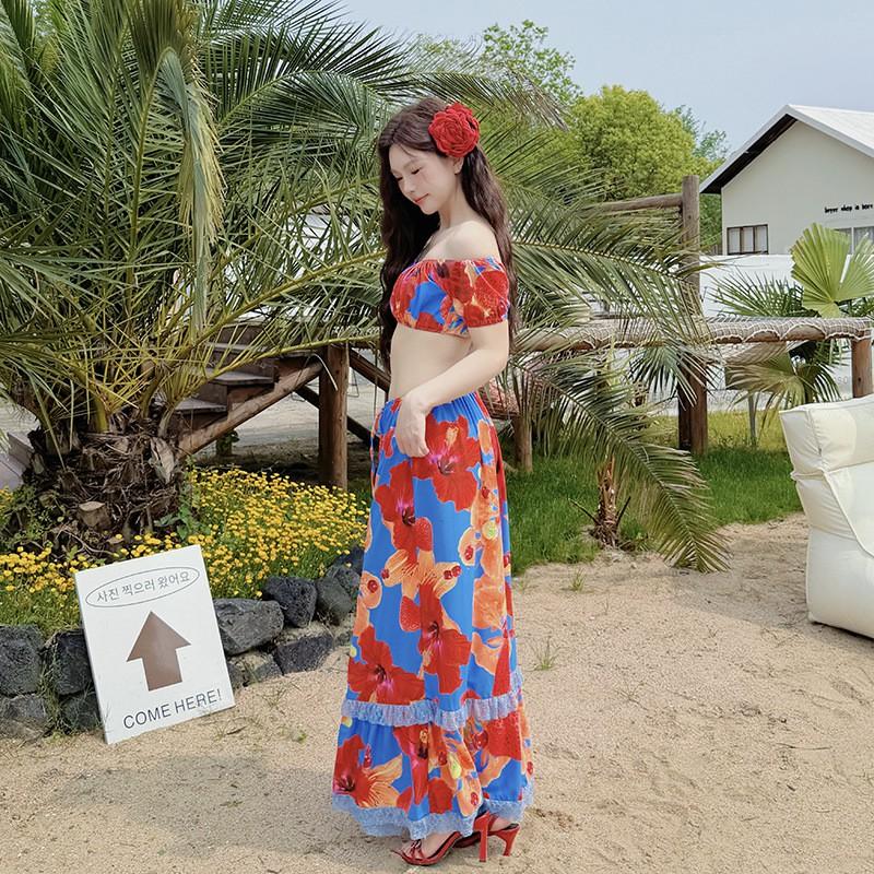 Plus Size Floral Print Bikini Set With Cover Up Skirt Beach Vacation Women Swimwear Three Piece