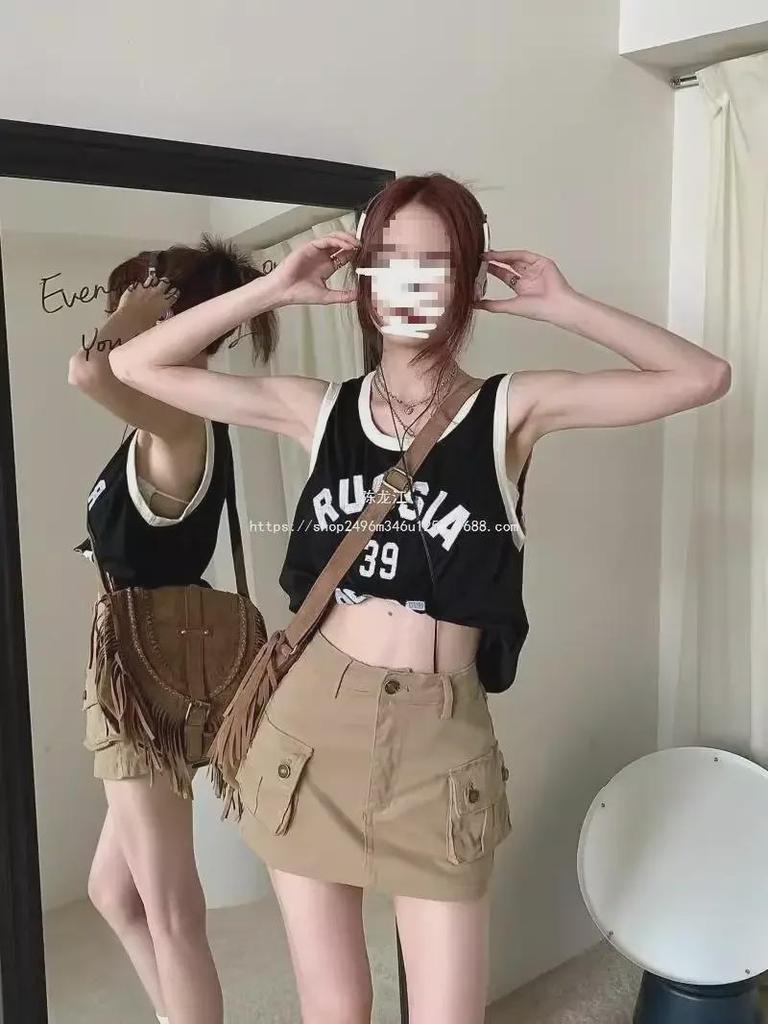 High-Waisted Khaki Denim Mini Skirt - Retro Style, Slim Fit, Summer Essential.