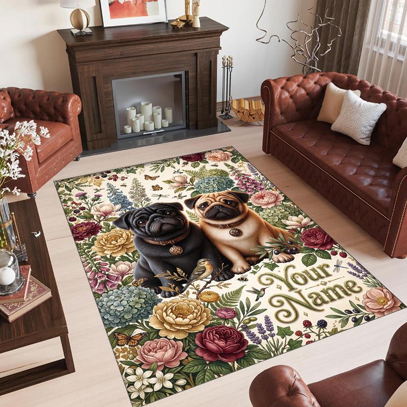 Pug Theme Crystal Velvet Floor Rug Personalized Custom Name Text Warm Carpet Home Decoration