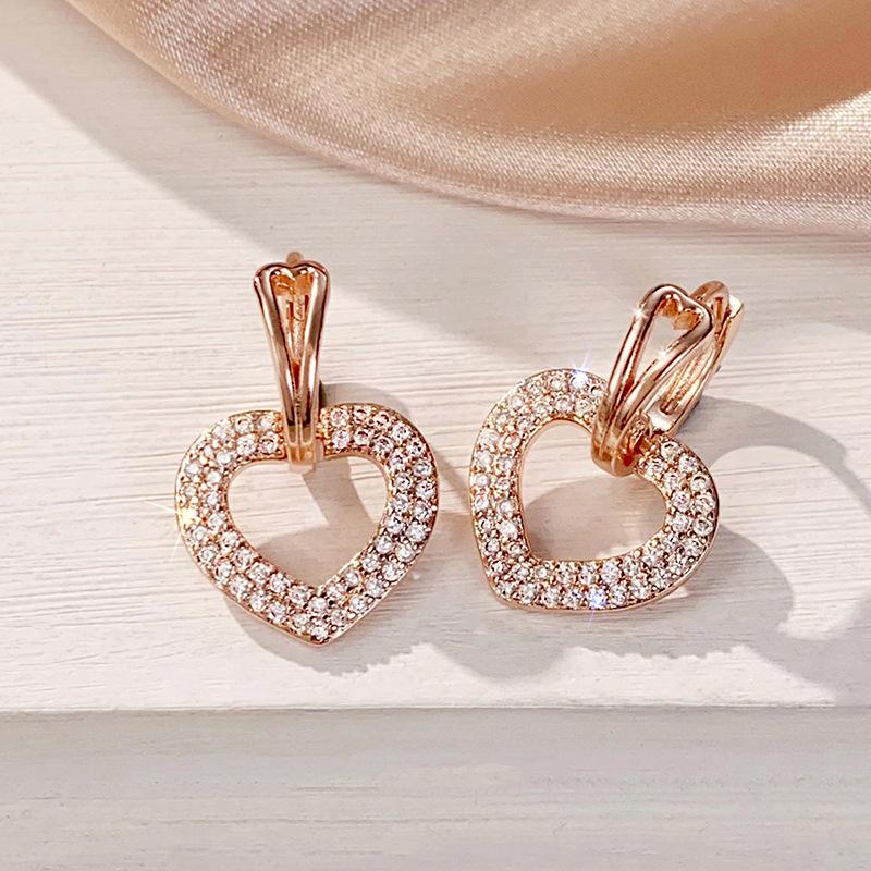 Rose Gold Tone Open Heart Drop Earrings for Women Sparkly Pave Hollow Heart Dangle Earrings Elegant Love Jewelry