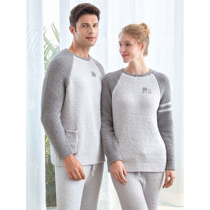 Soft Glutinous beyond Imagination Heattech Men's and Women's Couple Pajamas Women's Autumn and Winter Long Sleeves Homewear Suit Two-piece Set Men's