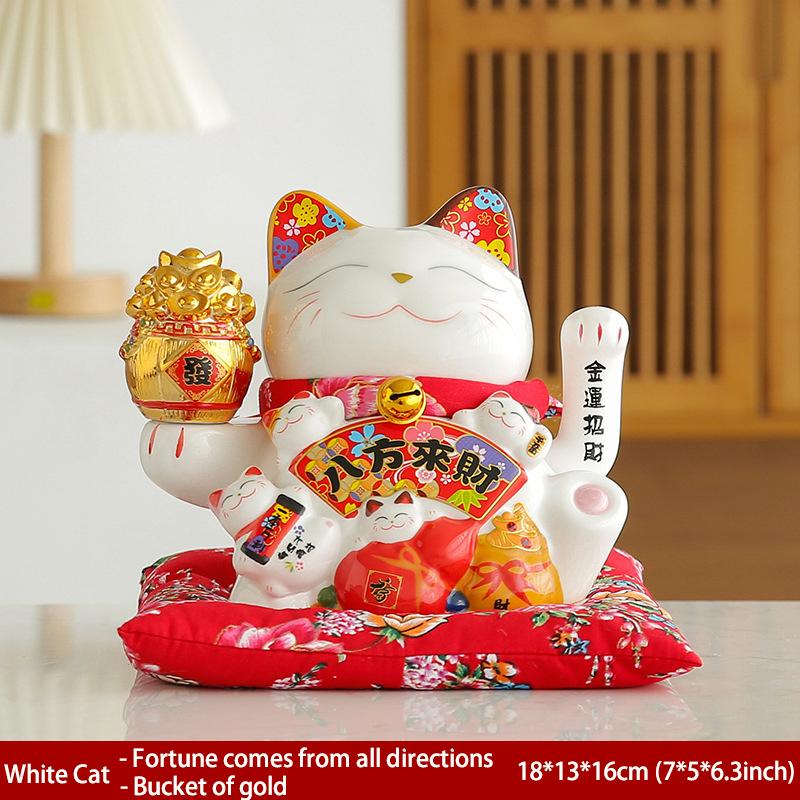 7 Inch Fortune Cat with Waving Arm Ceramic Maneki Neko Feng Shui Ornament Lucky Cat for Shops, Restaurant, Home Table Decoration