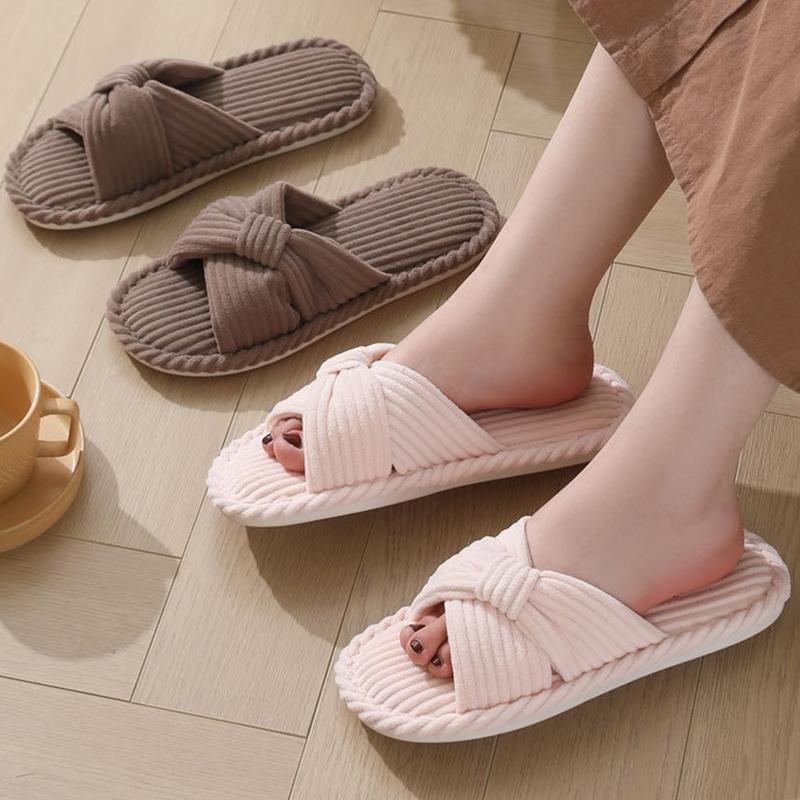 Fashion Indoor Soft Solid Cotton Slipper Woman Winter 2025 Casual Open Toe Flat Slippers Women Cross Strap Corduroy Cotton Slides Mujer