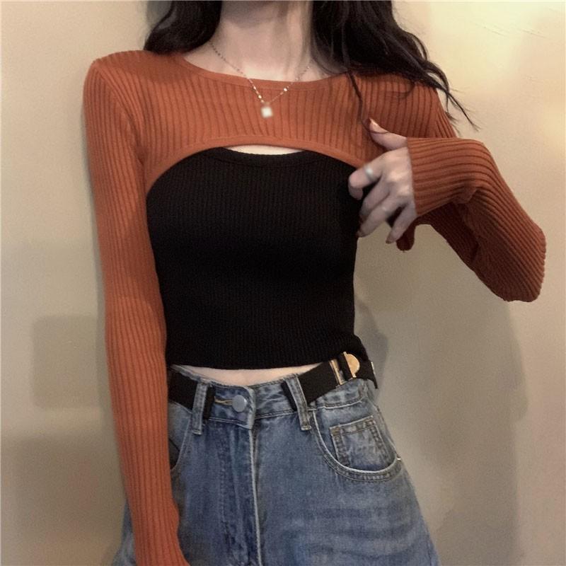 Женские осенние короткие многослойные вязаные топы (Без слинга) One Size