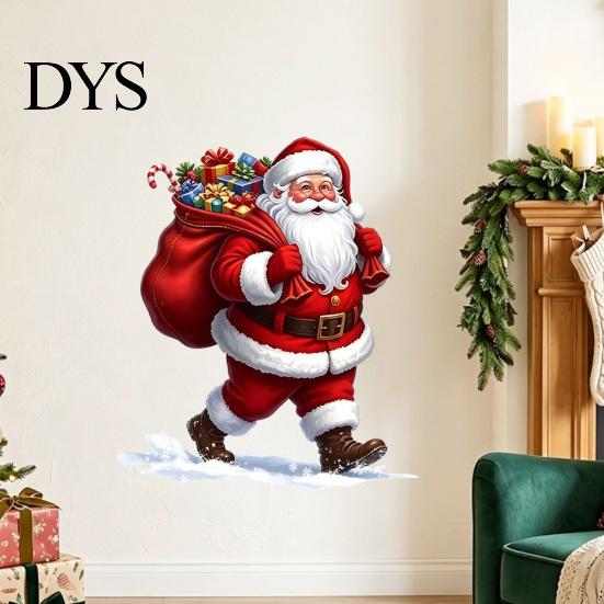 Xmas Gift for Family Christmas Wall Stickers, Cartoon Santa Claus Carrying Bag Decal, Peel And Stick Reusable Indoor Outdoor Decor Full of Gifts