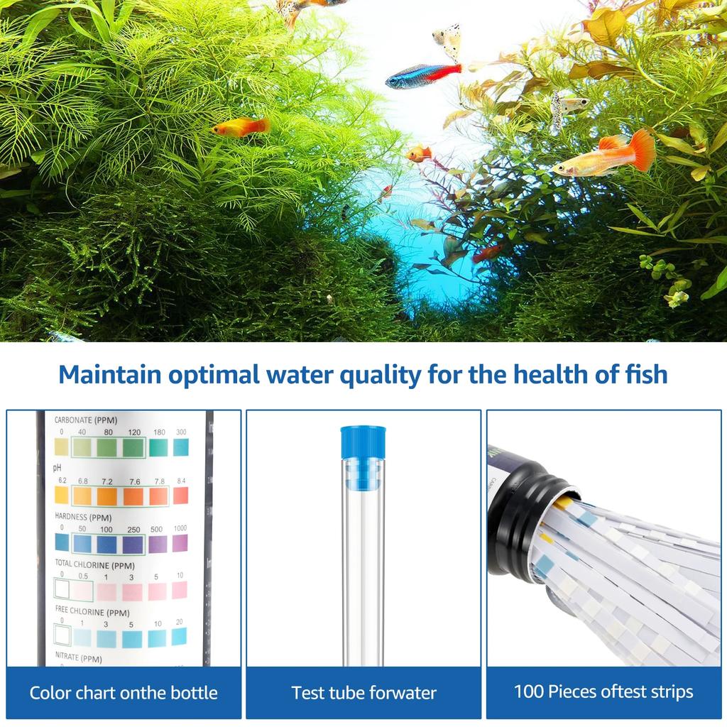 100Pcs Aquarium Test Strips 7 in 1 Water Testing Kits with Test Tube Freshwater Saltwater Home Carbonate Root pH Test Tool