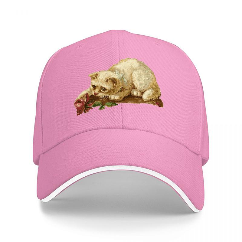 Cute Cat with Rose Embroidered Baseball Cap Classic Black Adjustable Hat for Unisex and Women Fashionable Streetwear Accessory