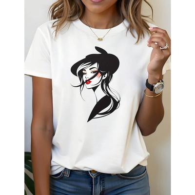 Stilvolles Damenporträt Schwarzer Hut Mode Buchstabendruck T-Shirt Damen Frühling-Sommer Kurzarm Rundhals Lässiges T-Shirt,