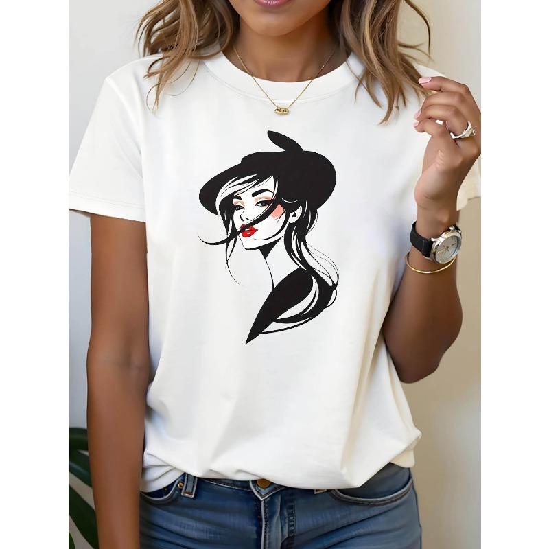 

Stylish Lady Portrait Black Hat Fashion Letter Print T - Shirt Women s Spring - Summer Short - Sleeve Crew - Neck Casual T - Shirt, S белый