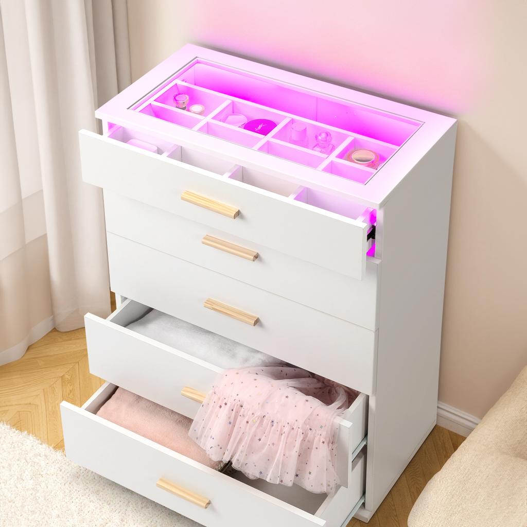 White 5-Drawer Dresser Fabric Storage Tower for Bedroom, Hallway, Closet, Bedroom Tempered Glass with RGB Light Drawer Cabinet