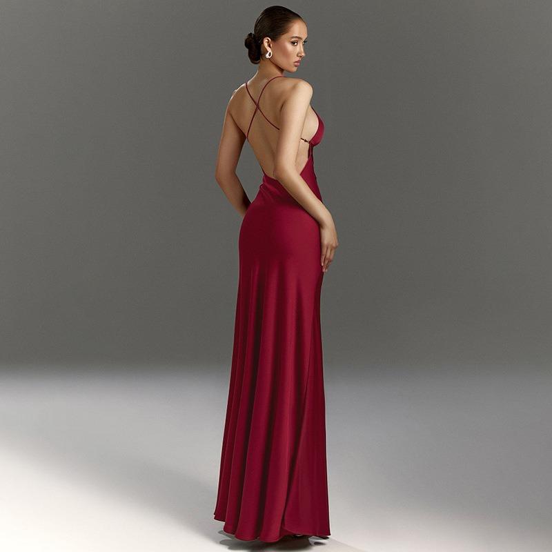 2026 V Neck High Split Long Summer Elegant Slip Dress Women Sexy Backless Bandage Evening Party Dresses Solid Color A-line Slim Fit Hot Girl Clothing