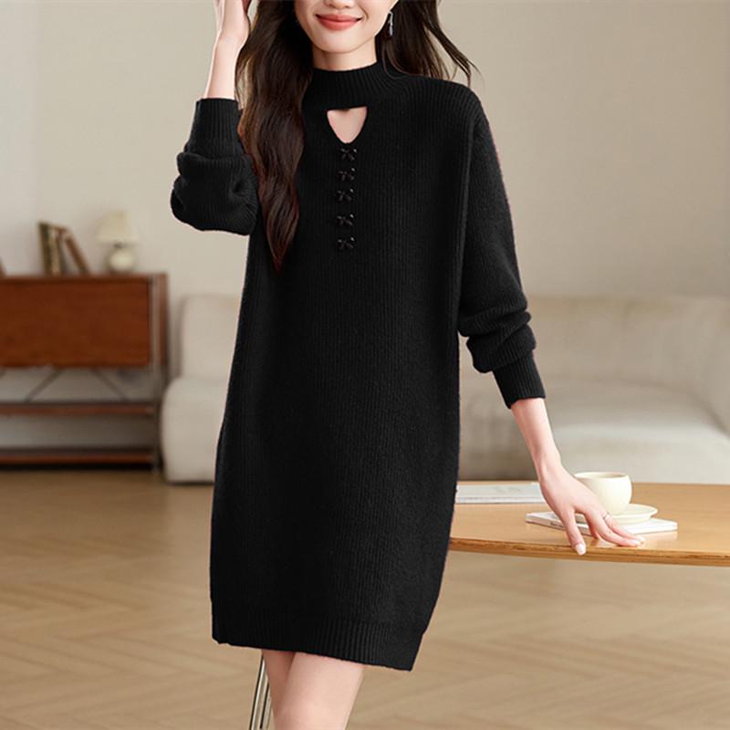 

2025 Autumn/Winter Women s Loose Fit Wool Knit Midi Dress - Fashionable Petite Base Layer Design One Size (80-120) чёрный