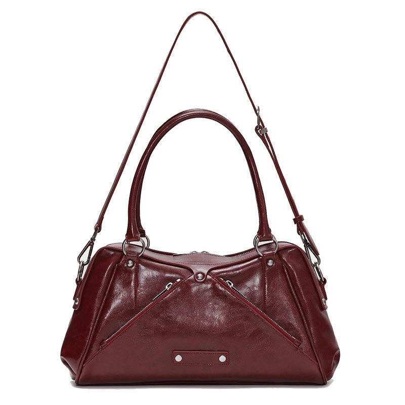Multi-pocket Design Hand-held Bost Bag Distressed Motorcycle Bag Versatile PU Splicing Shoulder Bag Horiztal Tote