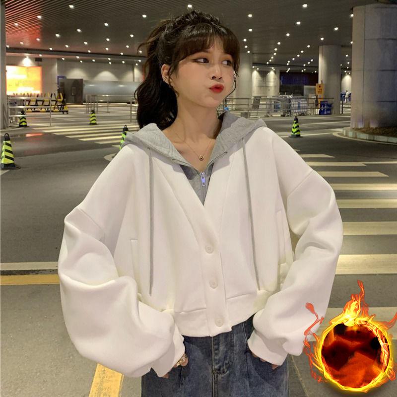 

Женские толстовки с капюшоном, укороченные поддельные из двух частей, корейская модная одежда с капюшоном, подростковая темперамент, стильная уличная одежда, девичья опрятная милая дизайнерская одежда M