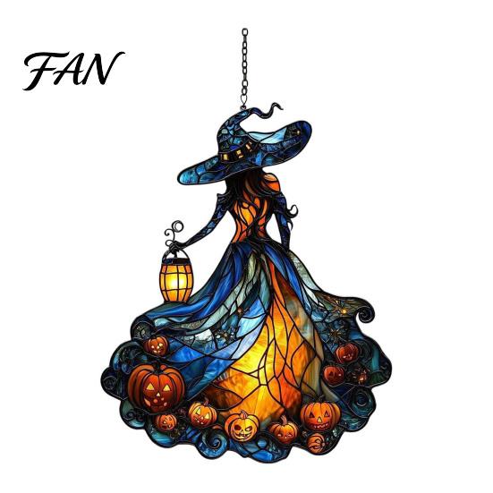 Acrylic Witch Hanging Art Suncatcher, Stained Glass Effect Window Car Ornament, Gothic Scary Decorative Sun Catcher with Pumpkin Lantern for
