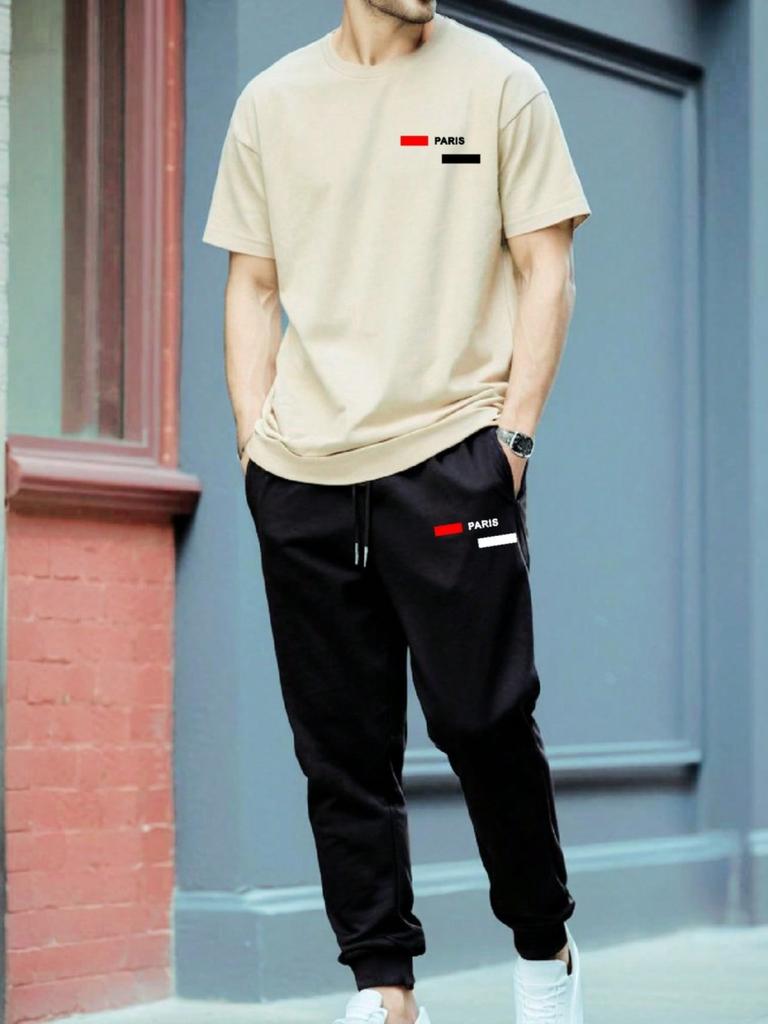 Hot selling summer fashion men's striped letter print micro elastic breathable round neck T-shirt pants set outdoor casual sport