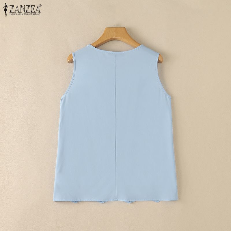 ZANZEA Women Casual Round Neck Sleeveless Lace Crochet Patchwork Loose Vest Tops