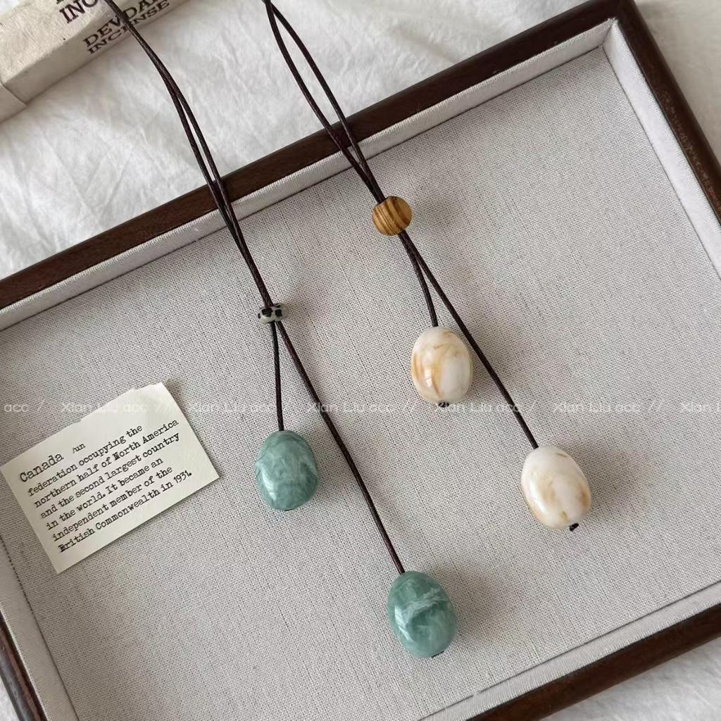 Green Wooden Round Bead Long Necklace Pendant Rope Women's Mori Retro Design Sweater Chain Niche Neck Accessories