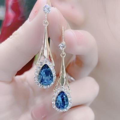 Korean Style Crystal Blue Heart Earrings for Women - Trendy, Elegant Hooks 2021