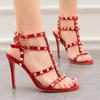 Summer Rome Rivet Double Buckle Women Sandals Open Toe High Heels Cut-Outs Party Shoes Female Red Wedding Patent Leather Sandal