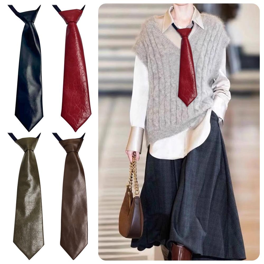 College Style PU Leather Ties Solid Color Lazy Tie Retro JK Necktie