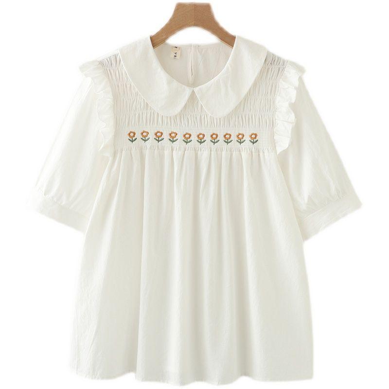 

Рубашка с вышивкой в японском стиле, со сладким воротником Питер Пэн, с коротким рукавом, женская, лето 2023, новинка, милый топ в студенческом стиле, короткий White sunflower M