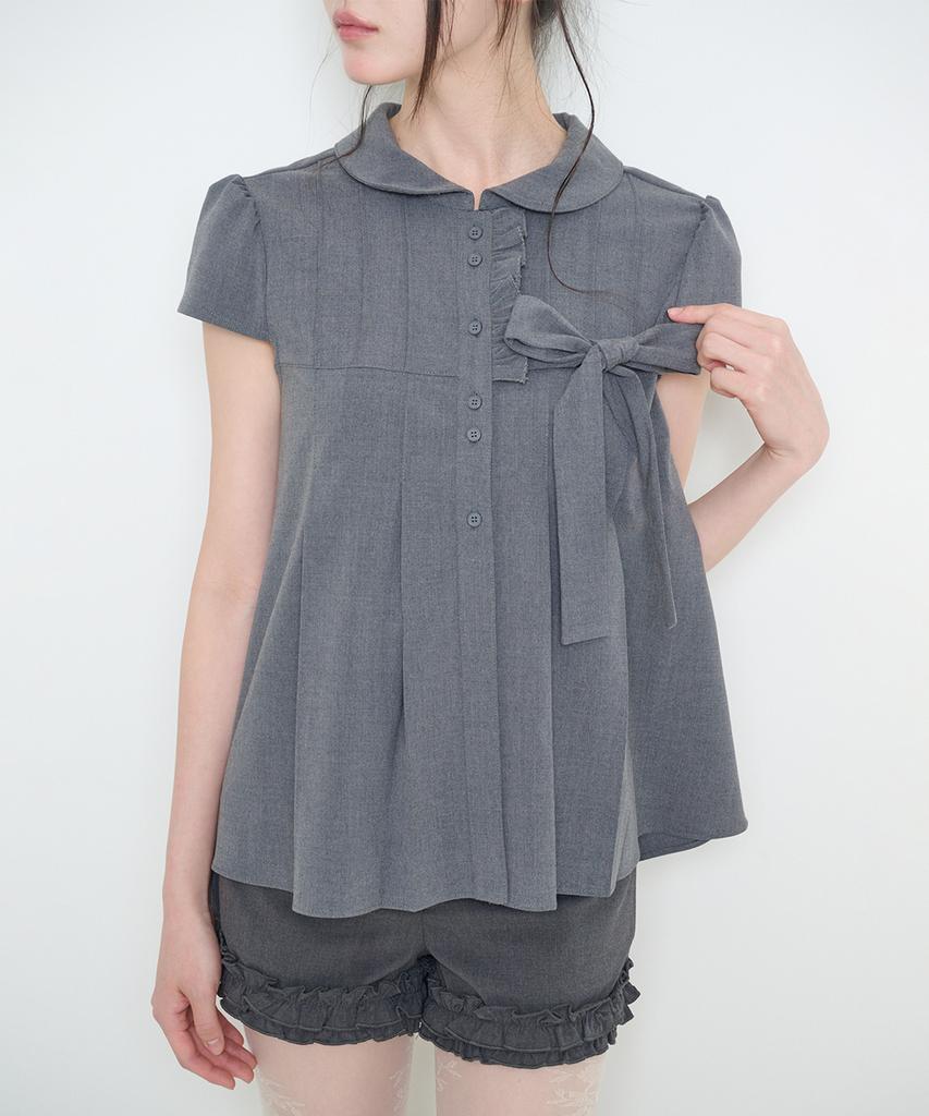 ILLIGO Ribbon Pleated Short Sleeve Blouse Gray