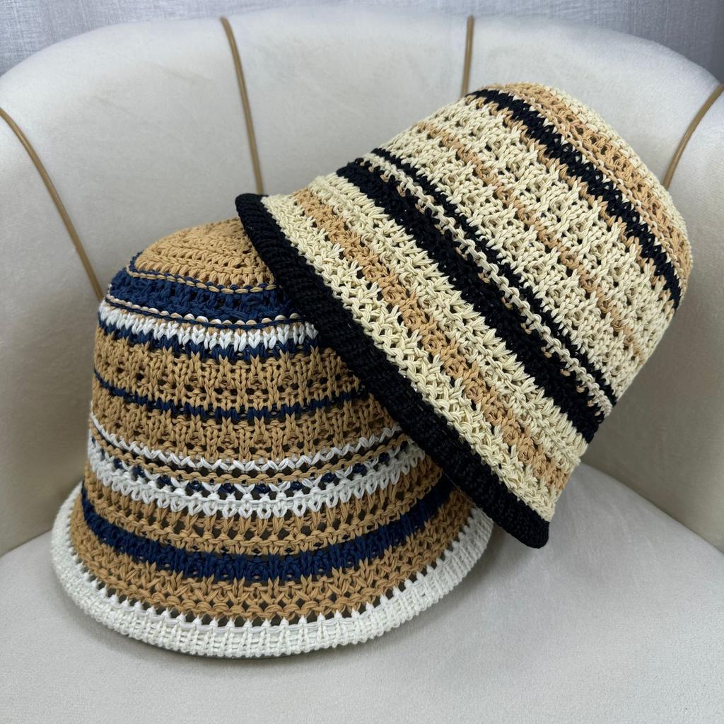 All-match Fashion Sunscreen Breathable 100% Polyester Bucket Hat Spring Summer New Hollow Fisherman's Knitted Color Matching Hat