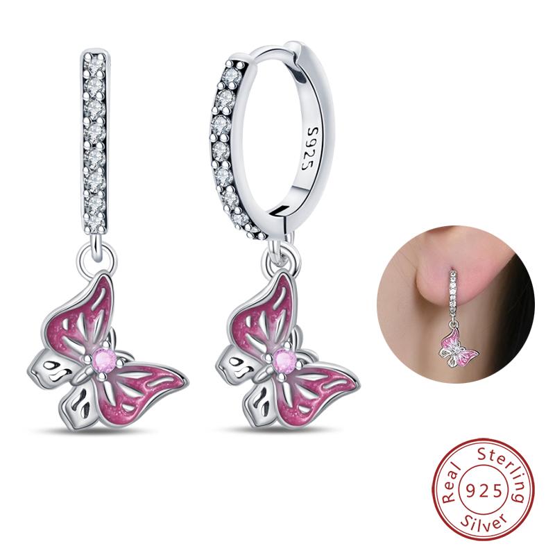 100% 925 Silver Colorful Butterfly Ladybug Rose Bow Pendant Earrings For Women Fashion Anniversary Party Jewelry Gifts