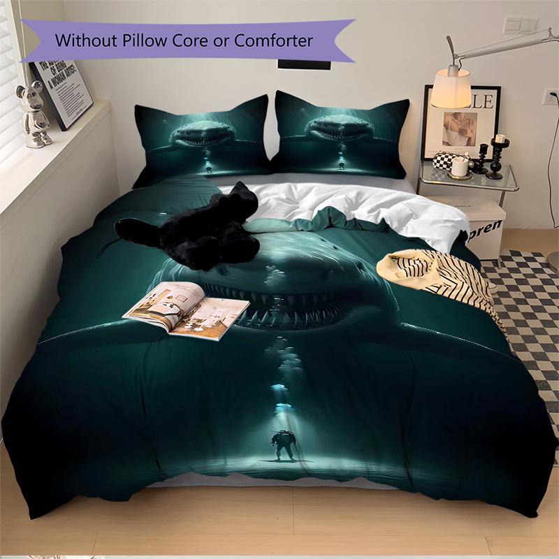 3pcs Giant Shark Duvet Cover Set with One Quilt Cover and Two Pillowcases (No Core) - Anime Cartoon Design, Perfect for Bedroom and Guest Room Decorat