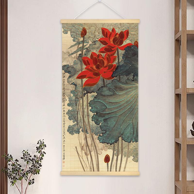 1pc Chinese Style Printed Bamboo Curtain Painting Decorative Scroll Painting Homestay Bamboo Weaving Painting Home Decoration