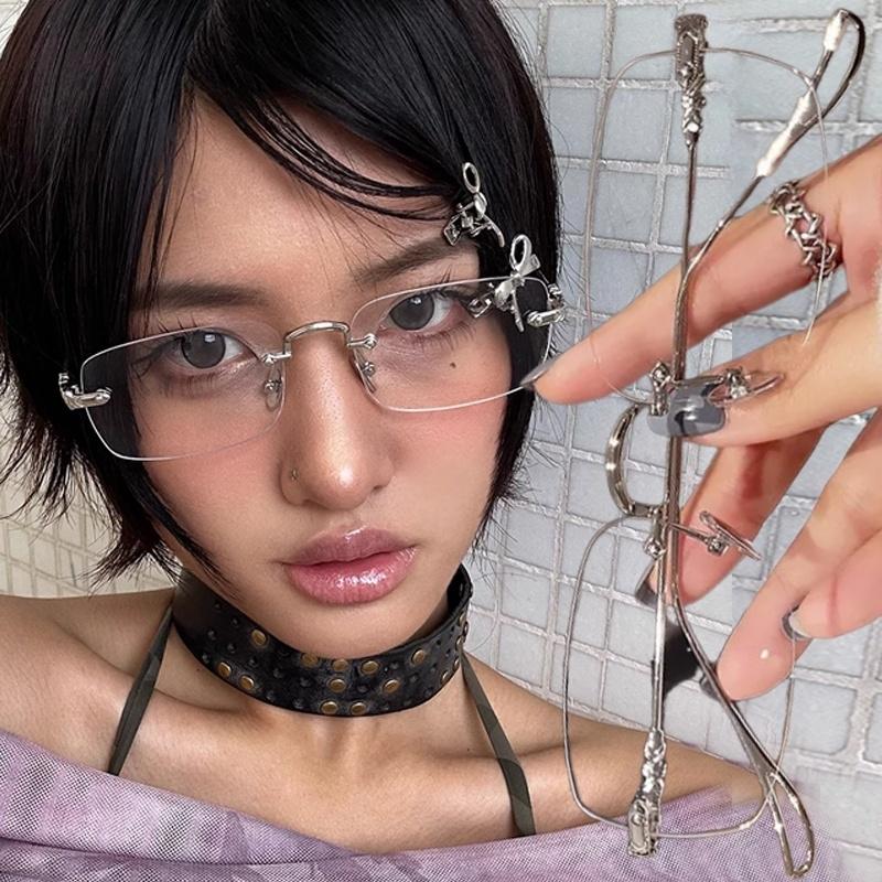 Transparent Square Rimless Eyeglasses Blue Light Blocking Glasses Fashion Frameless for Women Men Silver Computer Glasses