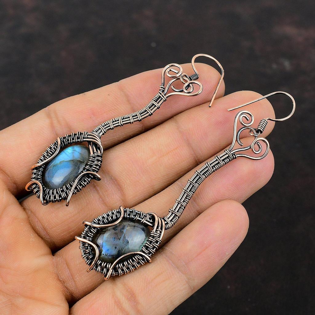 Labradoriet Oorbel Koperdraad Gewikkelde Oorbellen Edelsteen Sieraden Handgemaakte Oorbellen Koperdraad Sieraden Cadeau Voor Mama Helende Steen Oorbellen