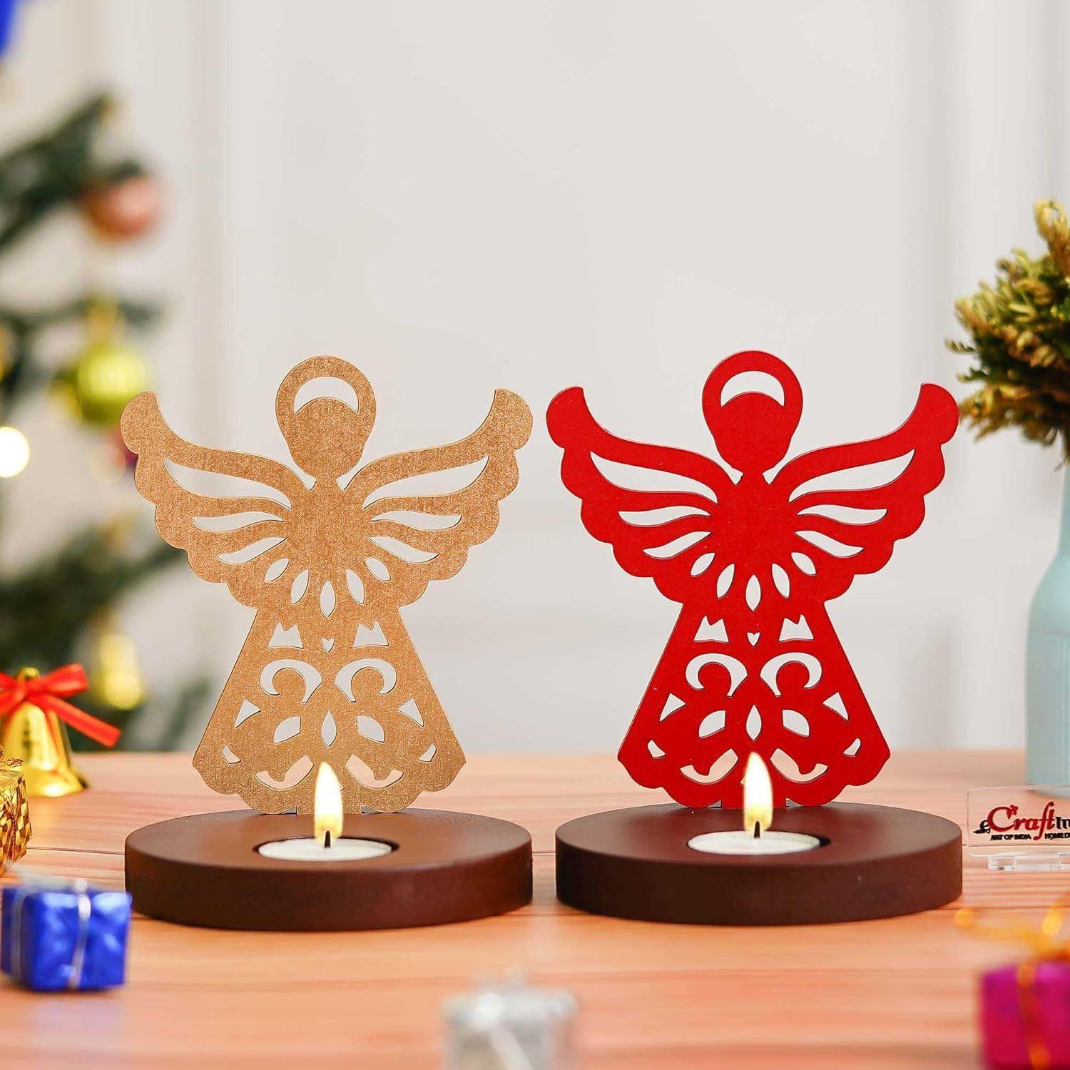 

Fairy Showpiece Decorative Tea Light Candle Holders(Set of 2, Wooden Red Golden)Tea Light Holders|Diwali Christmas Decoration Items