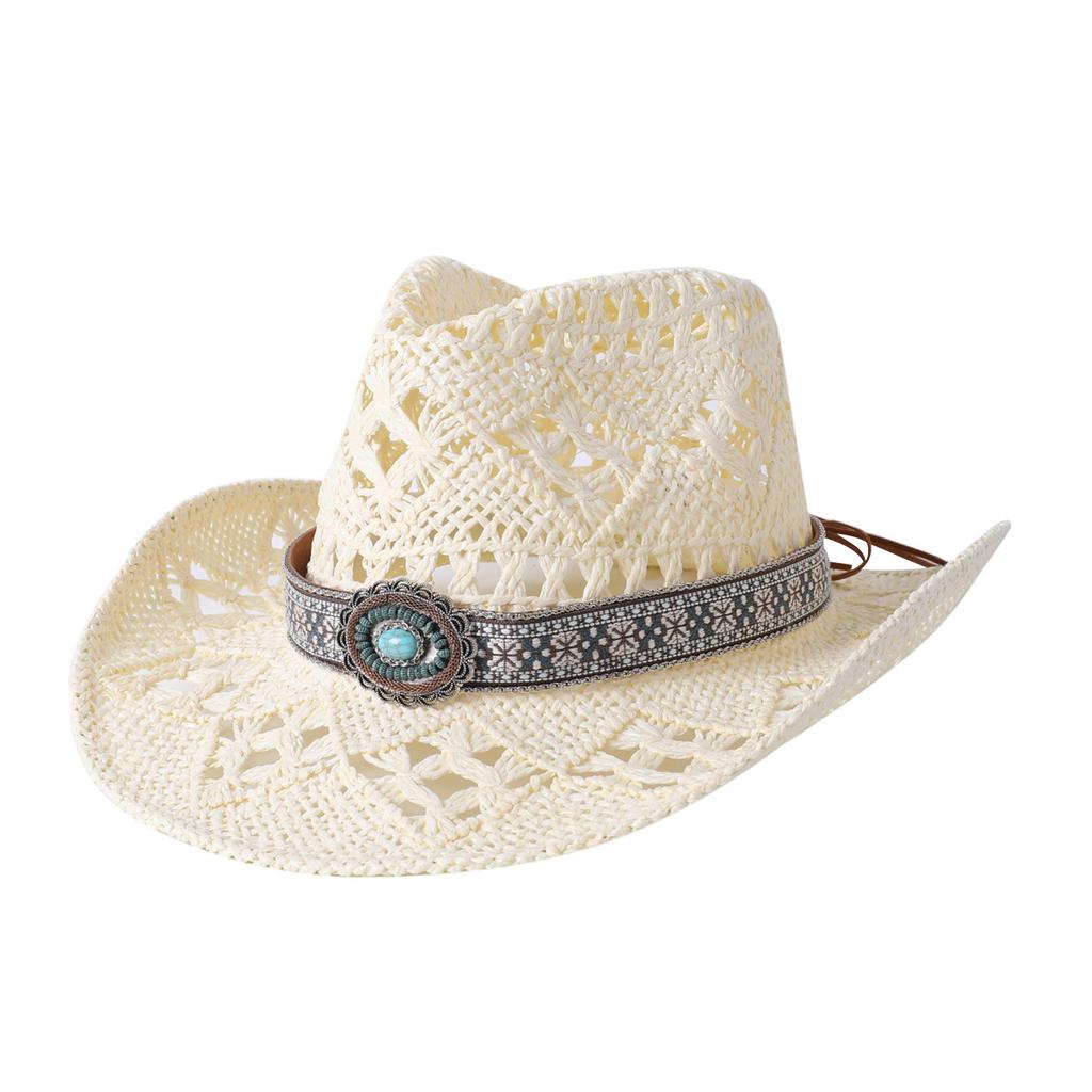 Ethnic Style Cowgirl Hats with Wide Band Women Men Woven Western Caps Breathable Hollow Out Wide Brim Straw Sun Hats