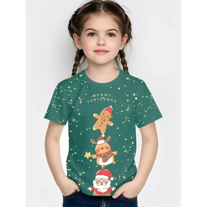 Round Neck 3D Christmas Theme Printed Short Sleeved Children's Girl T-shirts - Soft Medium Stretch Polyester Fabric Summer Relaxed Fit Clothing