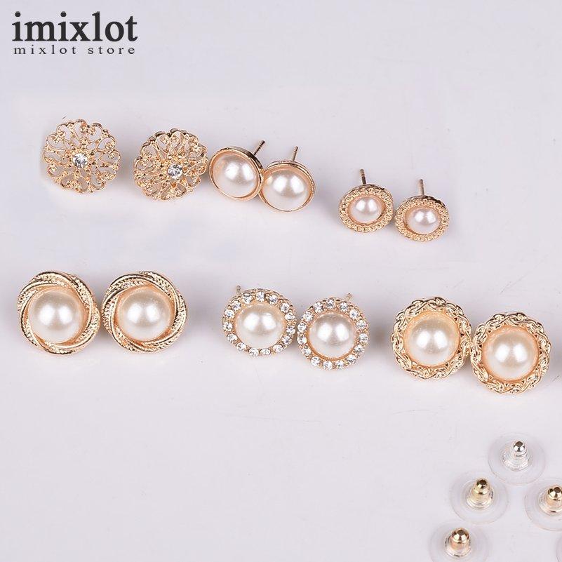 6 Pair/Lot Fashion Vintage Charm Jewelry Gold-Color Round Half Simulated Pearls Flower Stud Earring