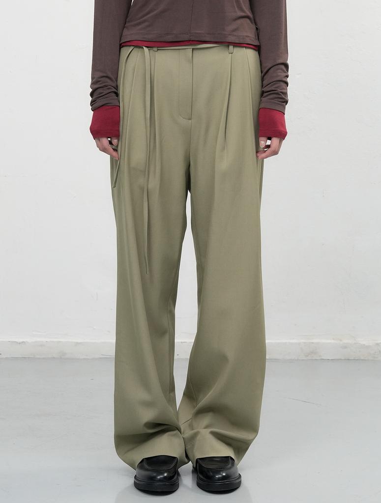 GENERALIDEA Belted Double-Pleat Wide Slacks [Olive] / Wbe3L11501