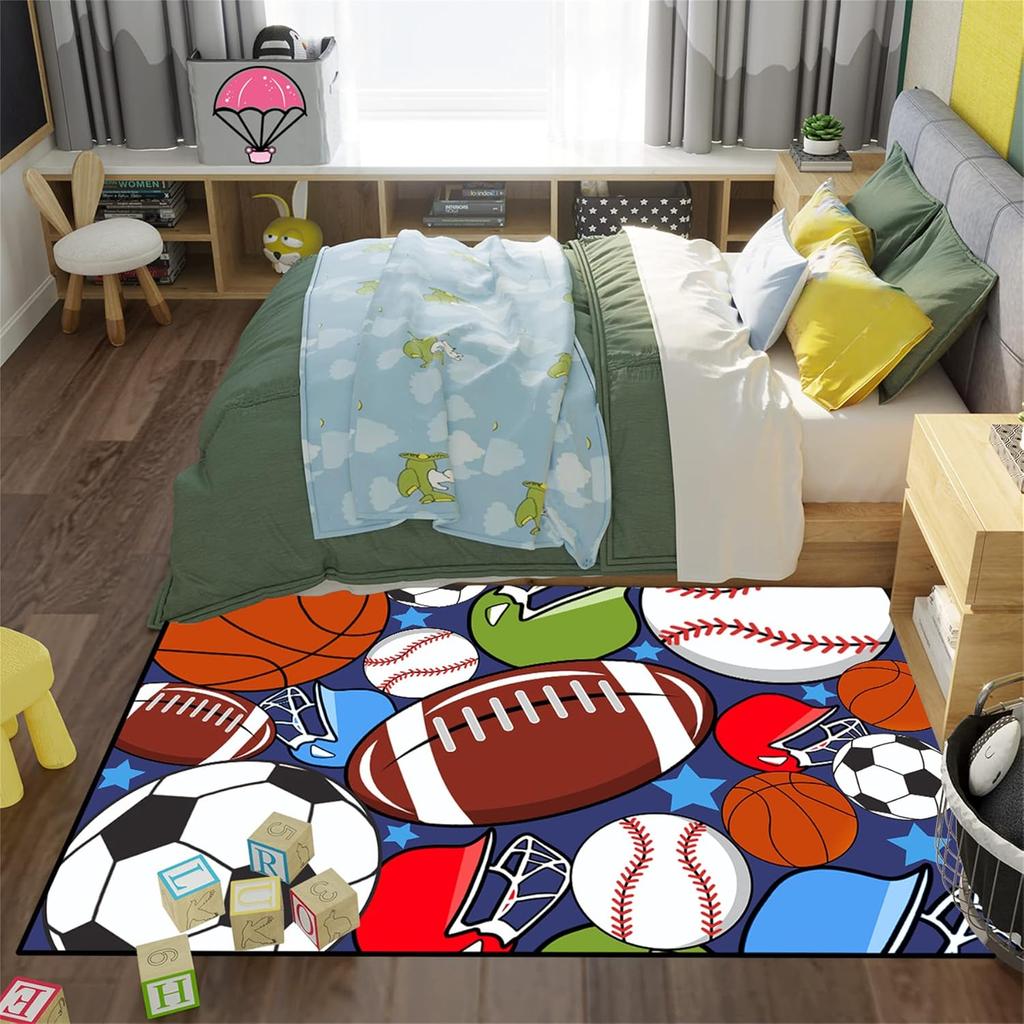 Sports Balls Play Rug for Kids Bedroom, Soccer, Basketball, Football, and Tennis Ball Carpet, Non-Slip Playroom Floor Mat