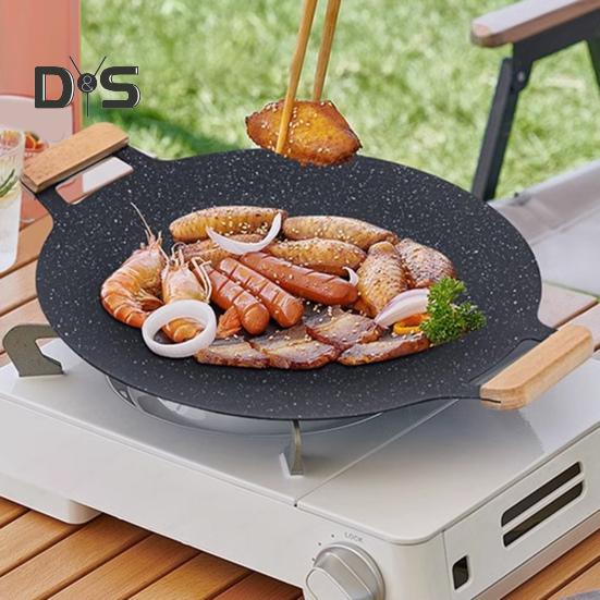 Litinový plech na pečení s rukojeťmi, nepřilnavá kulatá pánev na grilování steaků, mořských plodů, zeleniny, palačinek, multifunkční grilovací pánev na sporák, táborák