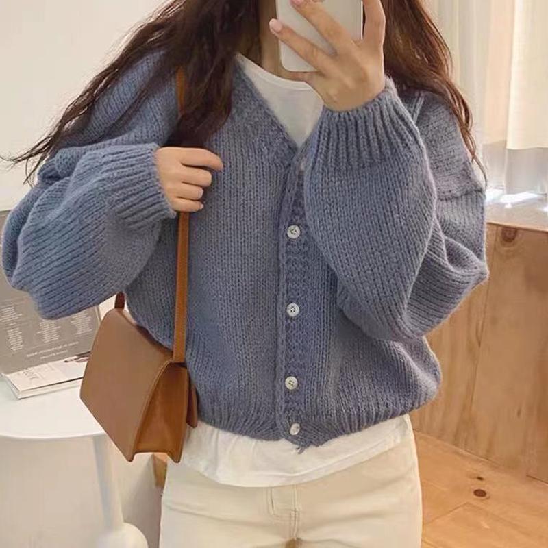 Autumn Winter New V-neck Cardigan Sweater Long Sleeved Women Casual Fashion Short Coats Solid Color Elegant Single-breasted Knitwear Jackets