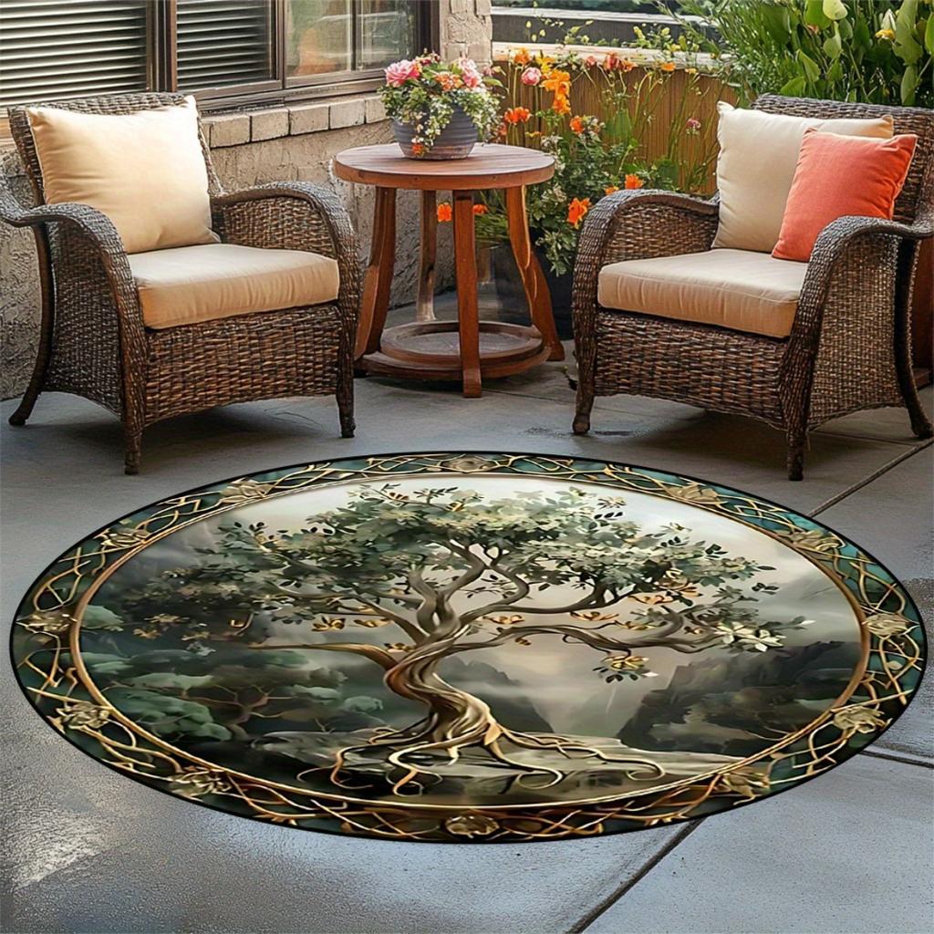 Tree of Life Print Round Area Rug, Elegant Non Slip Floor Mat for Dining Room Living Room and Bedroom, Spring Home Decor Gift