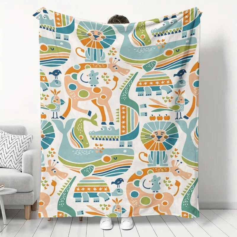1pc Nordic Animal Flannel Blanket, Cute Lion Whale Dinosaur Pattern Throw, Home Decor Small Blanket, Office Nap Sofa Blanket, Soft Warm Home Shawl Bla