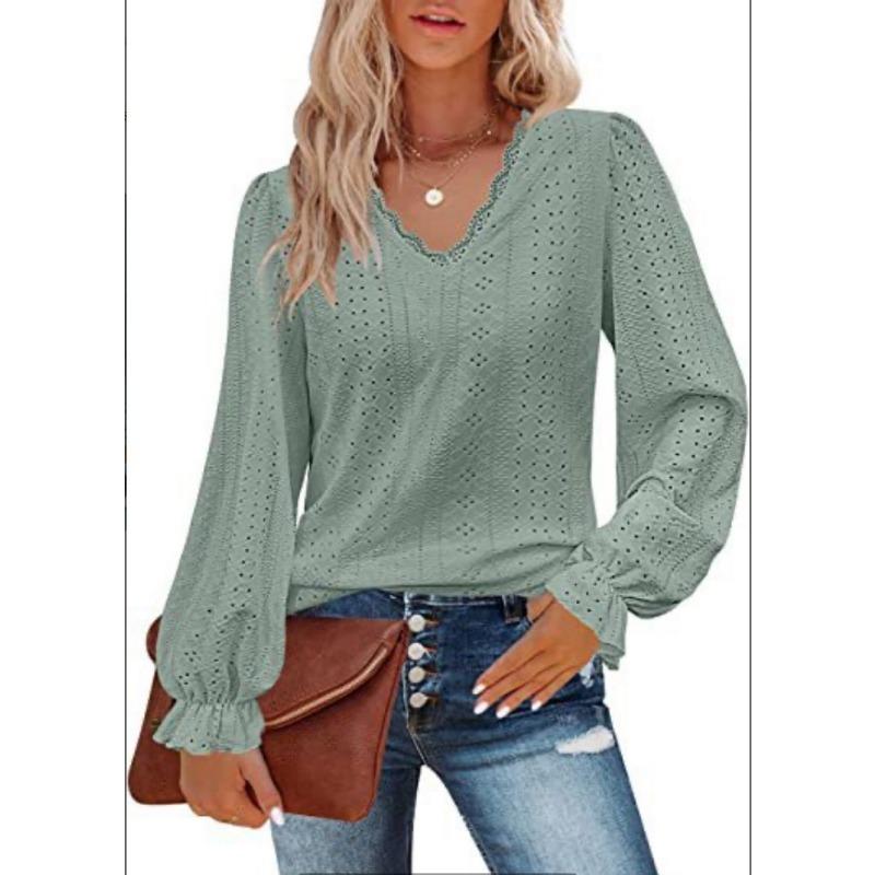 Spring and Summer Women's V-neck T-shirt Hollow Casual Pleated Sleeve Blouse Shirt