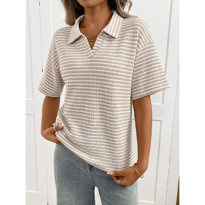 2026 Women's Turn-down Collar Solid Color Knitted Pullover Loose Short Sleeve Casual T-shirt
