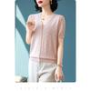 Women Light Blue V Neck Short Sleeve Knit Cardigan With Lace Openwork And Pearl Buttons